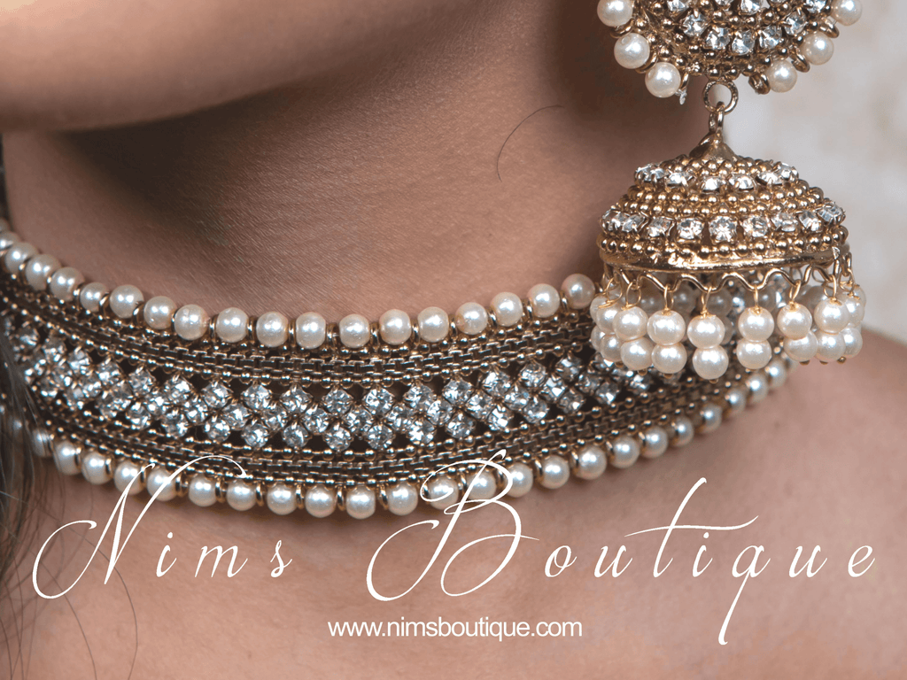 Nims Boutique Celina Pearl & Antique Gold Choker with Clear Stone