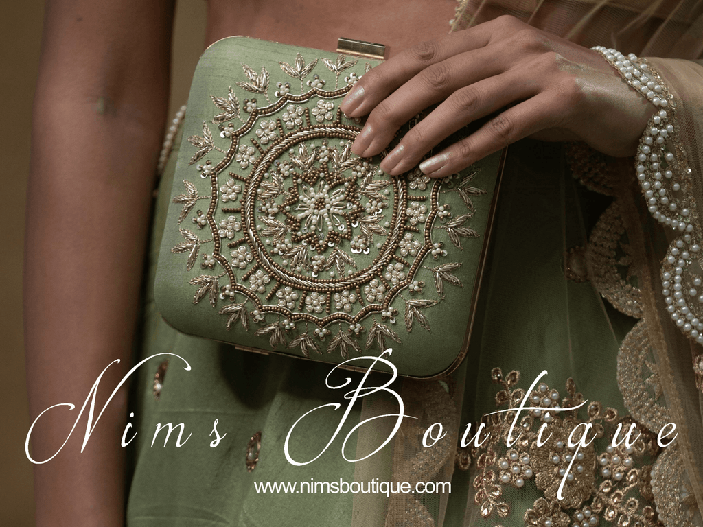 Nims Boutique Large Pistachio Raw Silk Pearl Embellished Clutch Bag