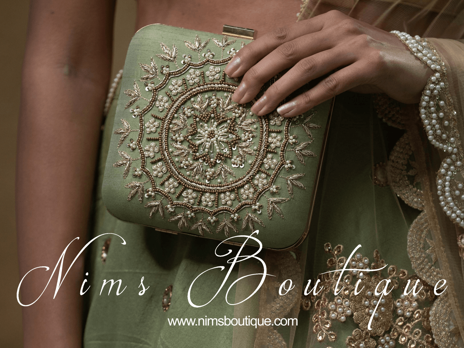 Nims Boutique Large Pistachio Raw Silk Pearl Embellished Clutch Bag