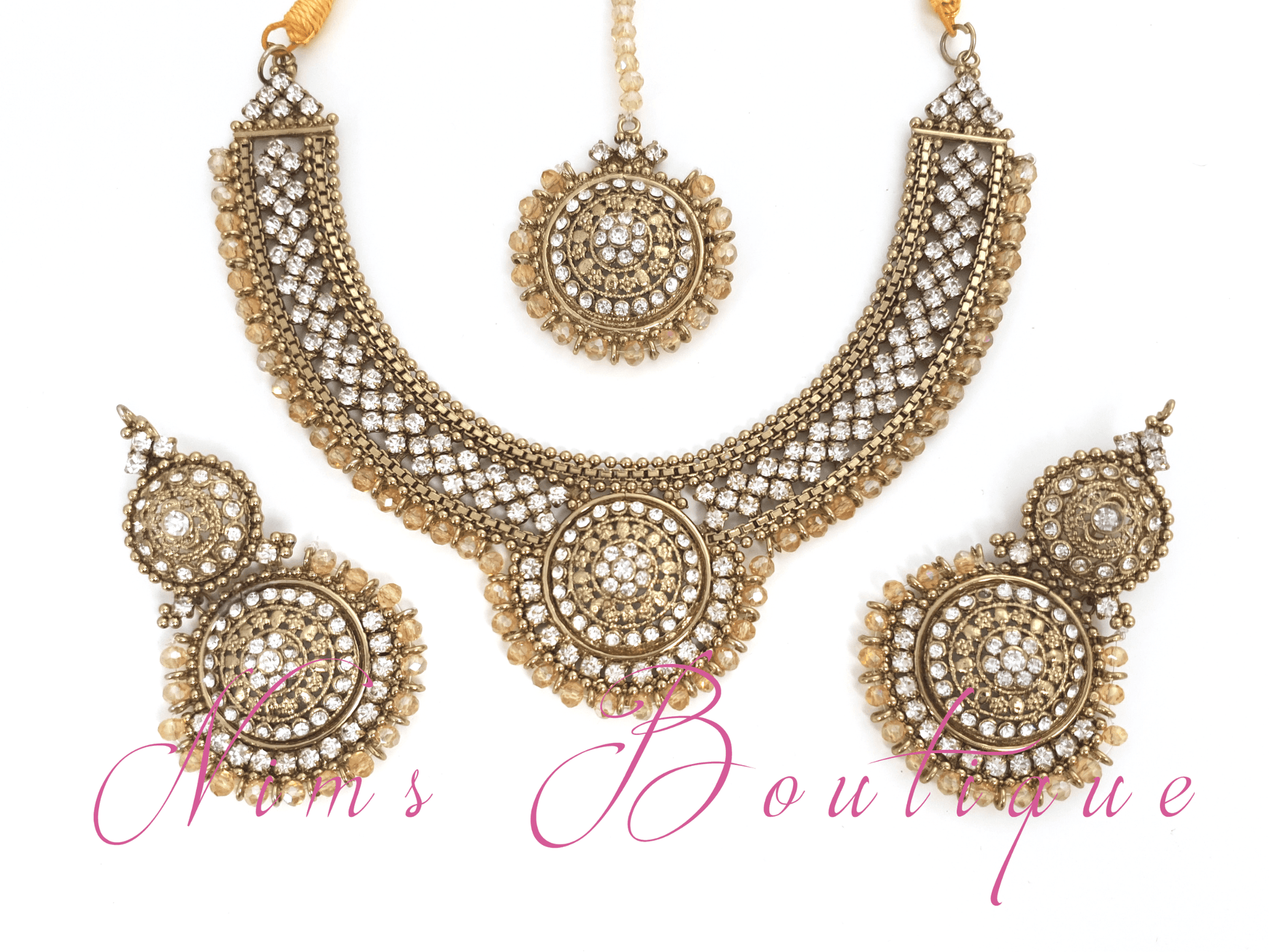 Nims Boutique Small Royal Antique Gold Clear Stone set with earring chains