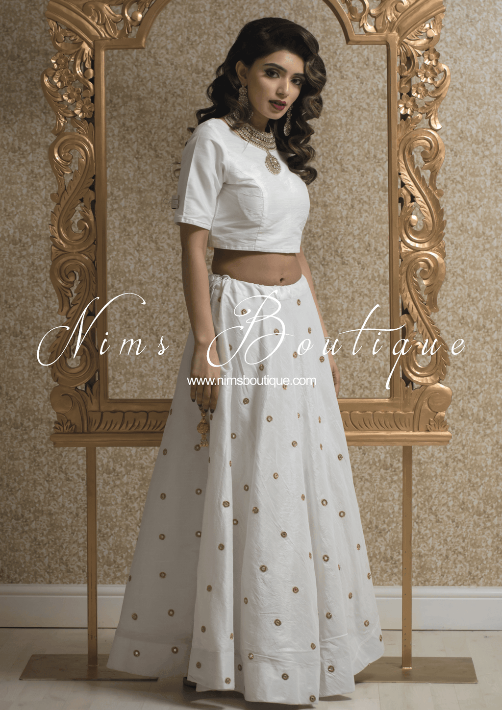 Nims Boutique Rani Luxury White Mirror readymade skirt/lehnga size 4-22