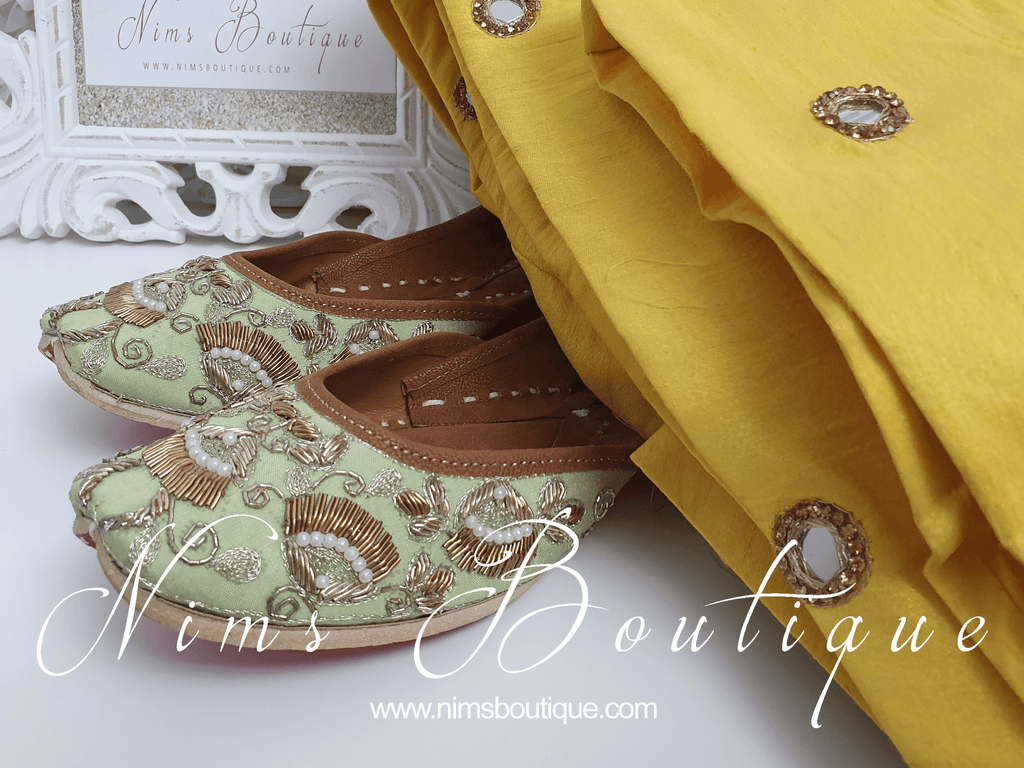Nims Boutique Luxury Mint Embellished Leather Punjabi Juttis