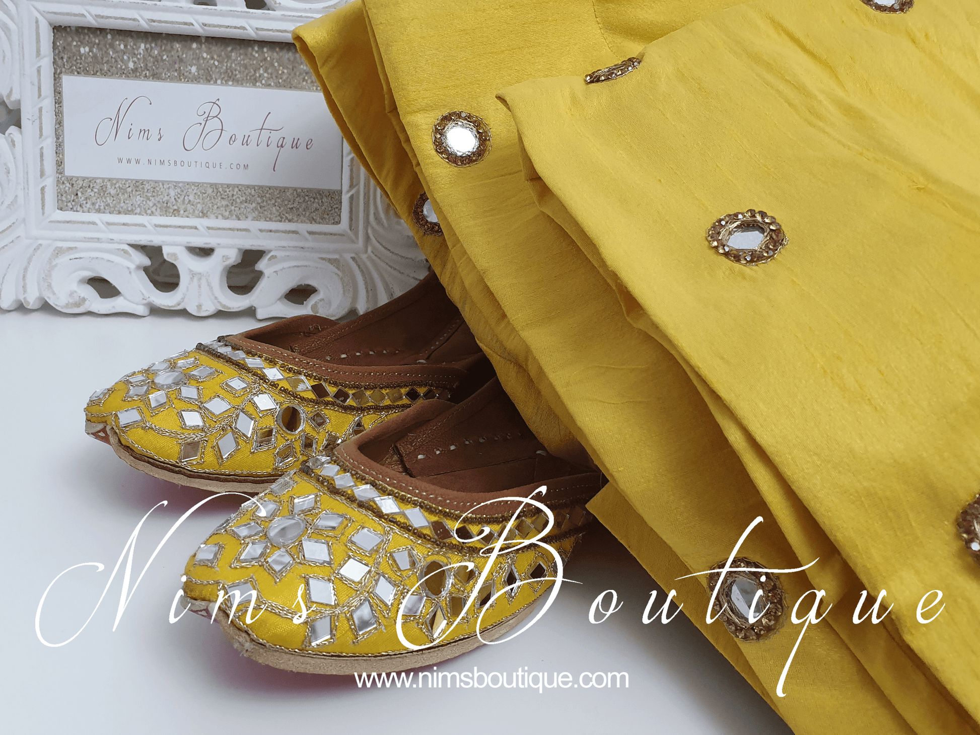 Nims Boutique Luxury Yellow Mirror Leather Punjabi Juttis