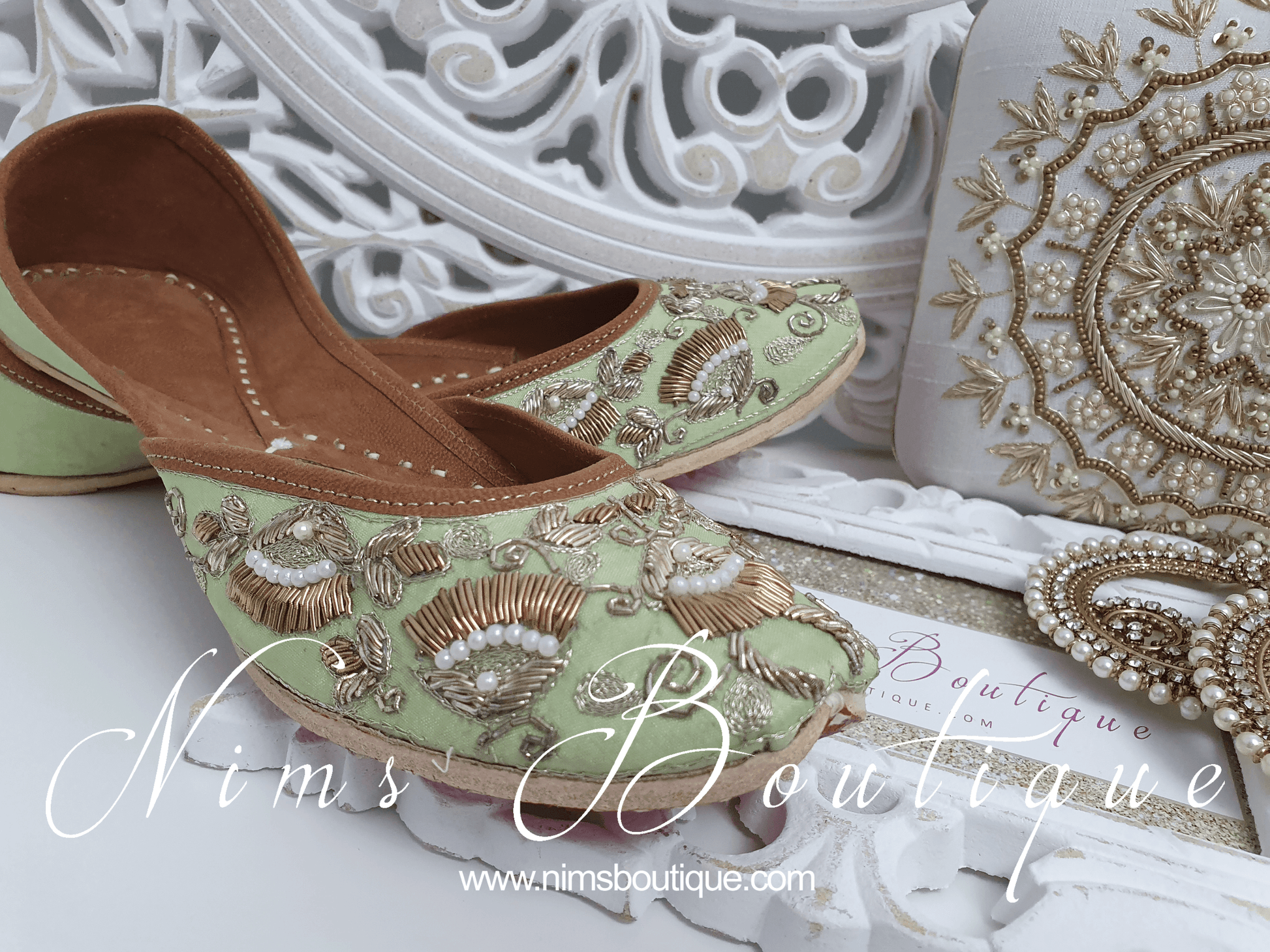 Nims Boutique Luxury Mint Embellished Leather Punjabi Juttis