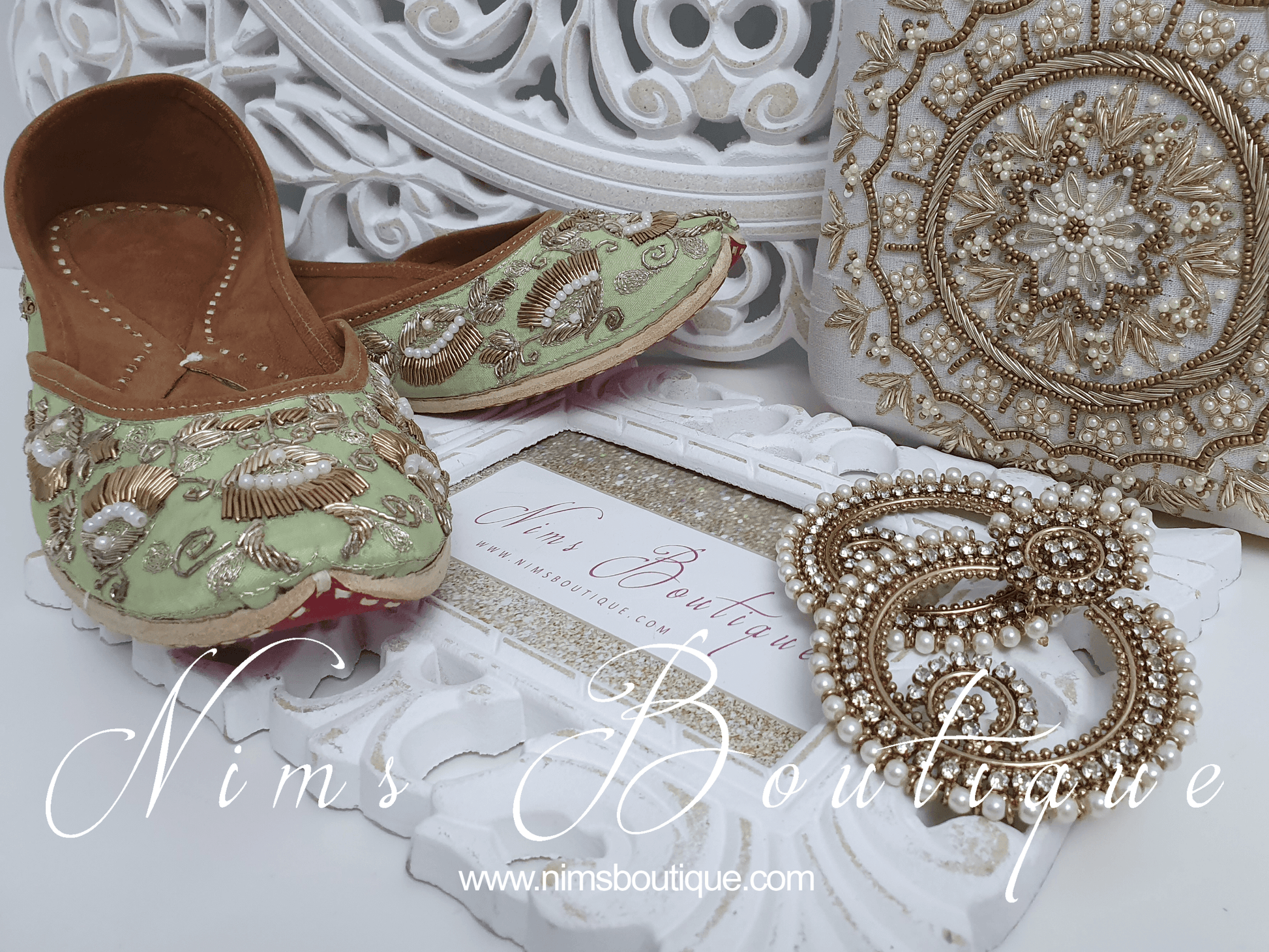 Nims Boutique Luxury Mint Embellished Leather Punjabi Juttis