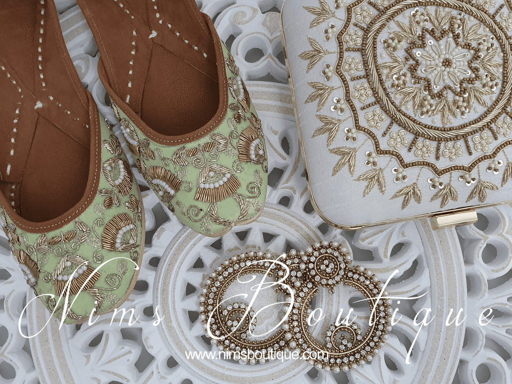 Nims Boutique Luxury Mint Embellished Leather Punjabi Juttis