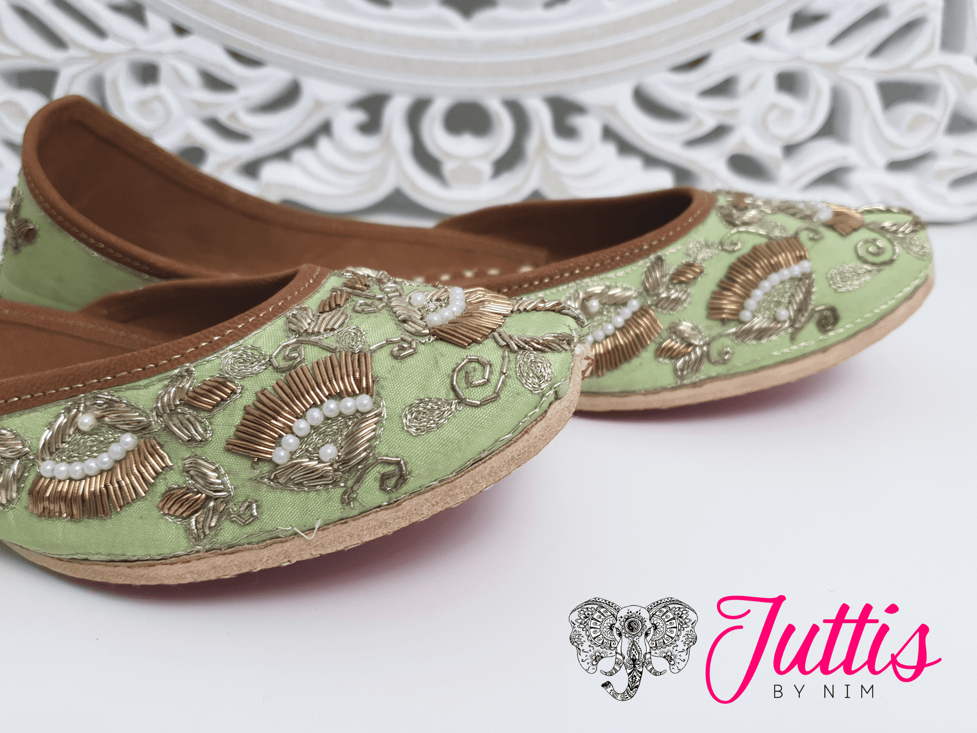 Nims Boutique Luxury Mint Embellished Leather Punjabi Juttis