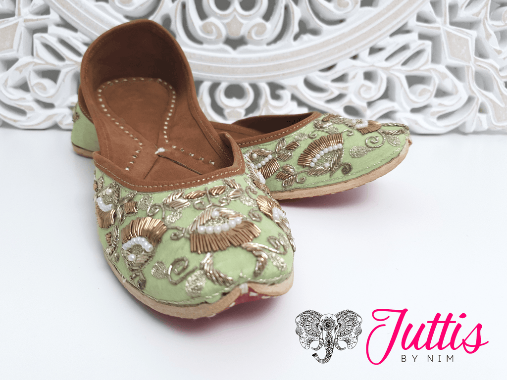 Nims Boutique Luxury Mint Embellished Leather Punjabi Juttis