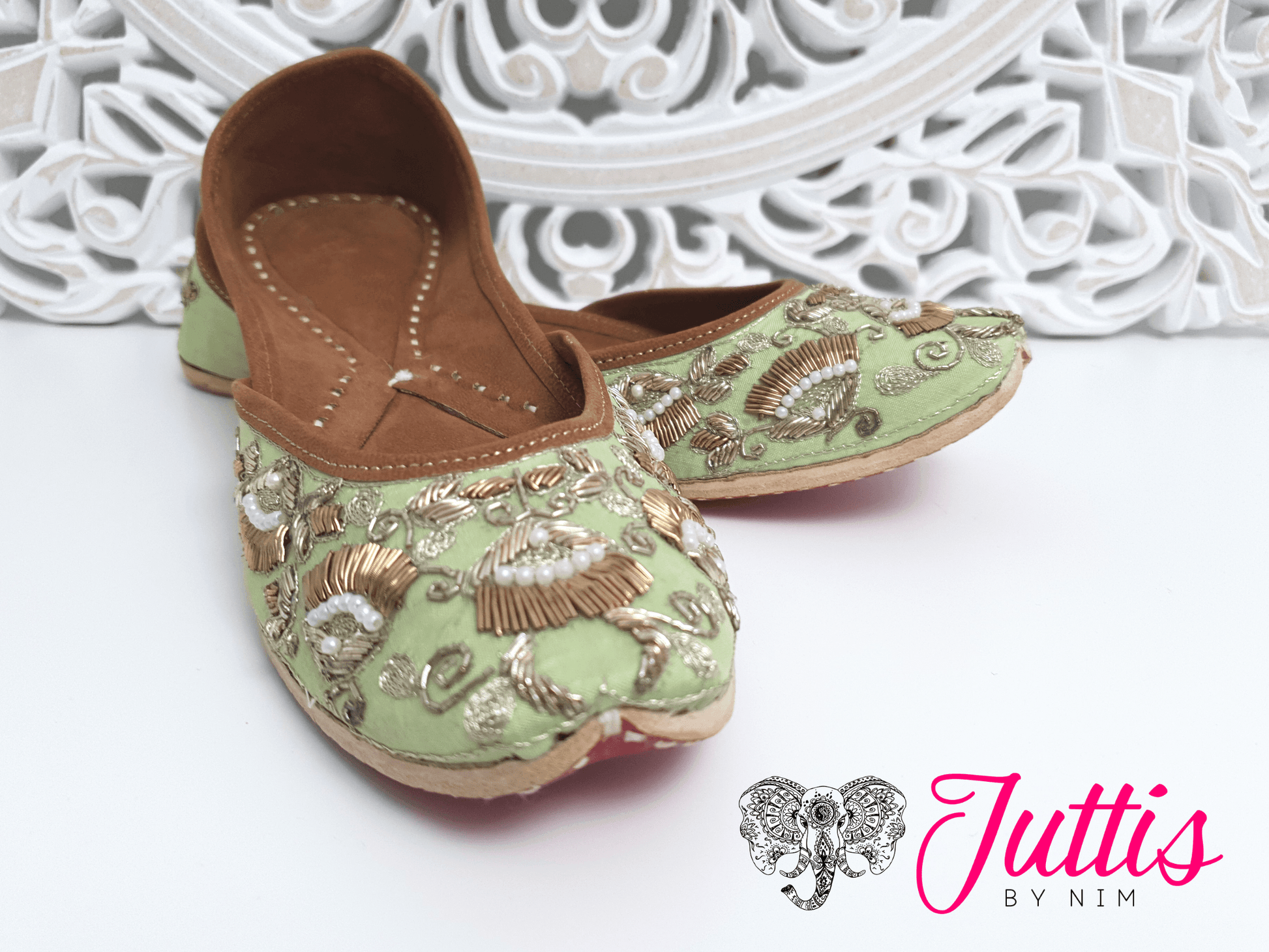 Nims Boutique Luxury Mint Embellished Leather Punjabi Juttis