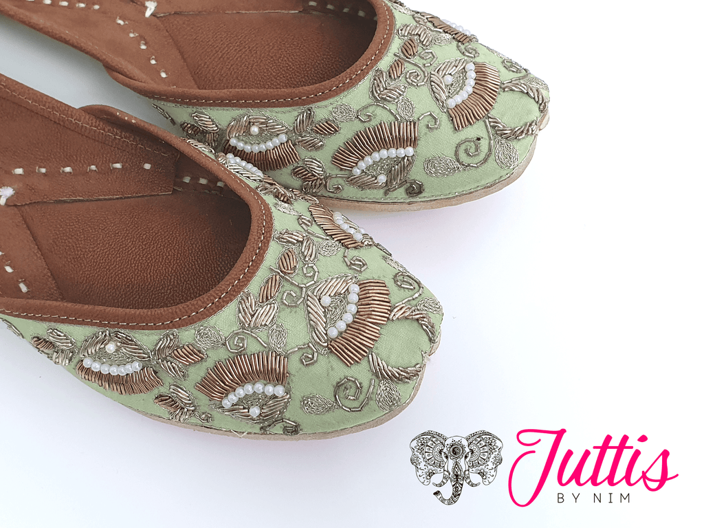 Nims Boutique Luxury Mint Embellished Leather Punjabi Juttis