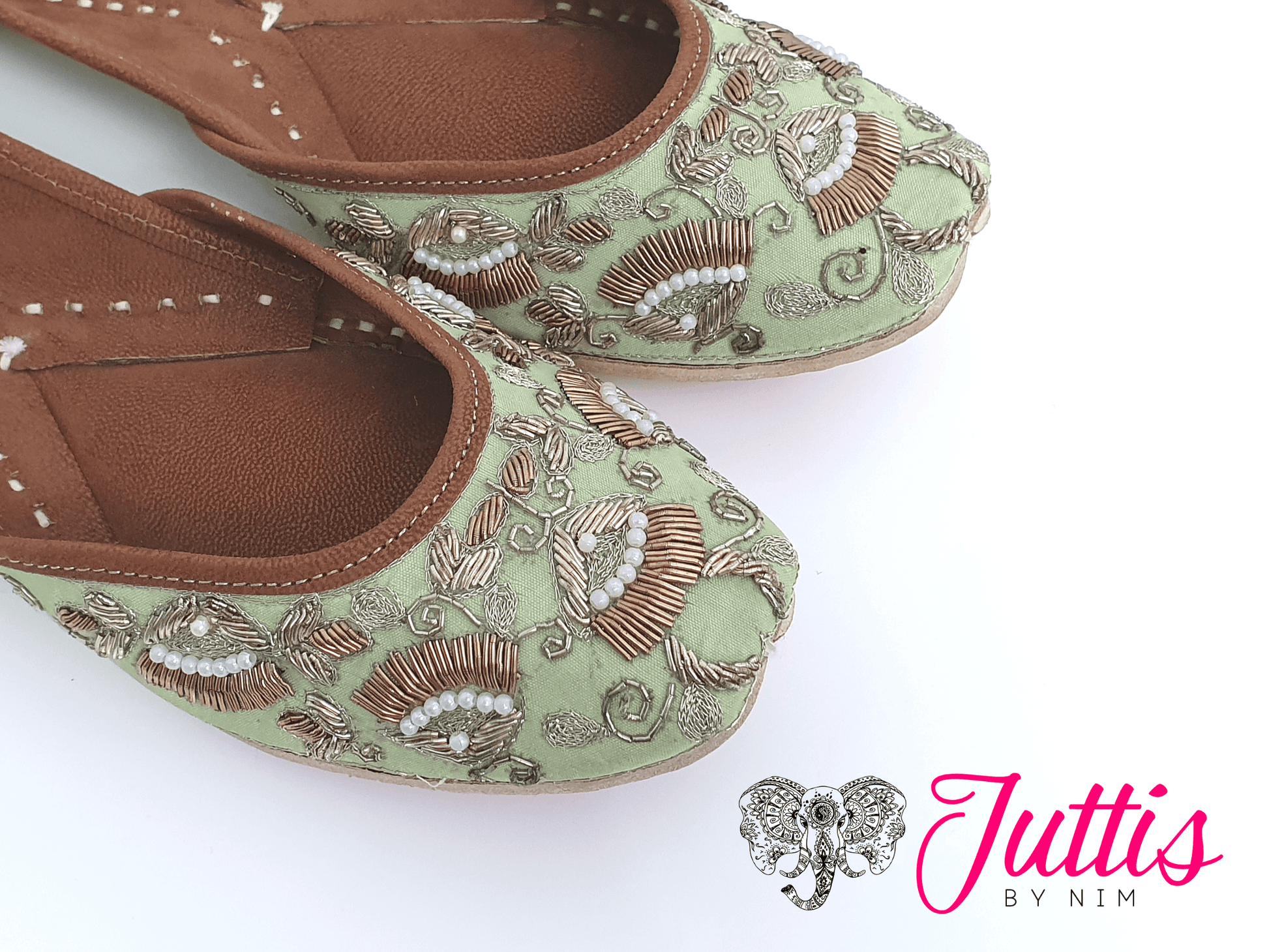 Nims Boutique Luxury Mint Embellished Leather Punjabi Juttis