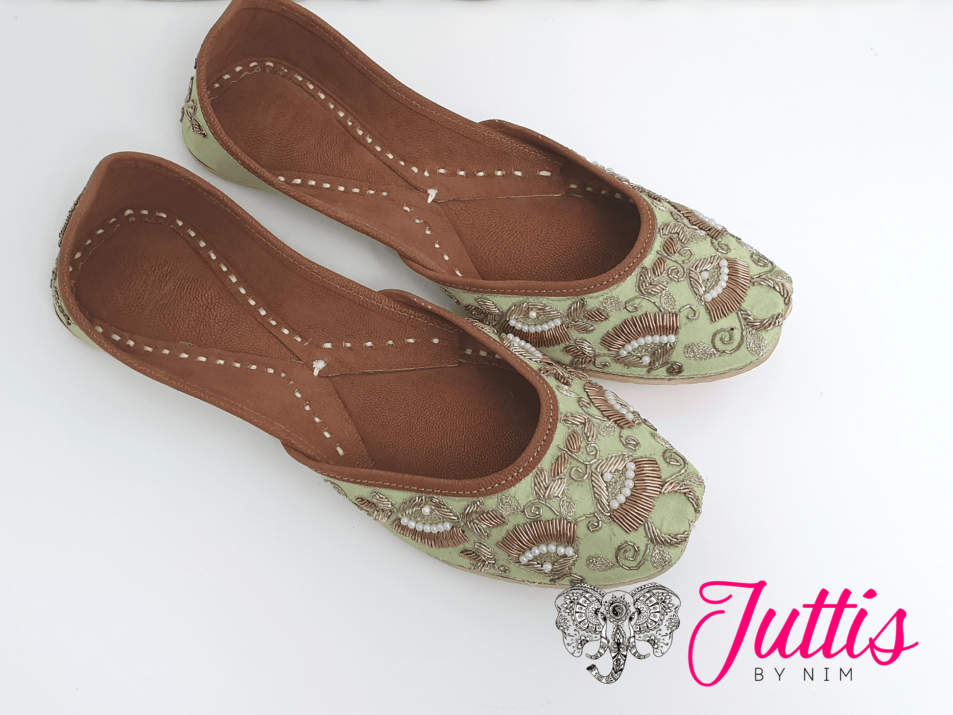 Nims Boutique Luxury Mint Embellished Leather Punjabi Juttis