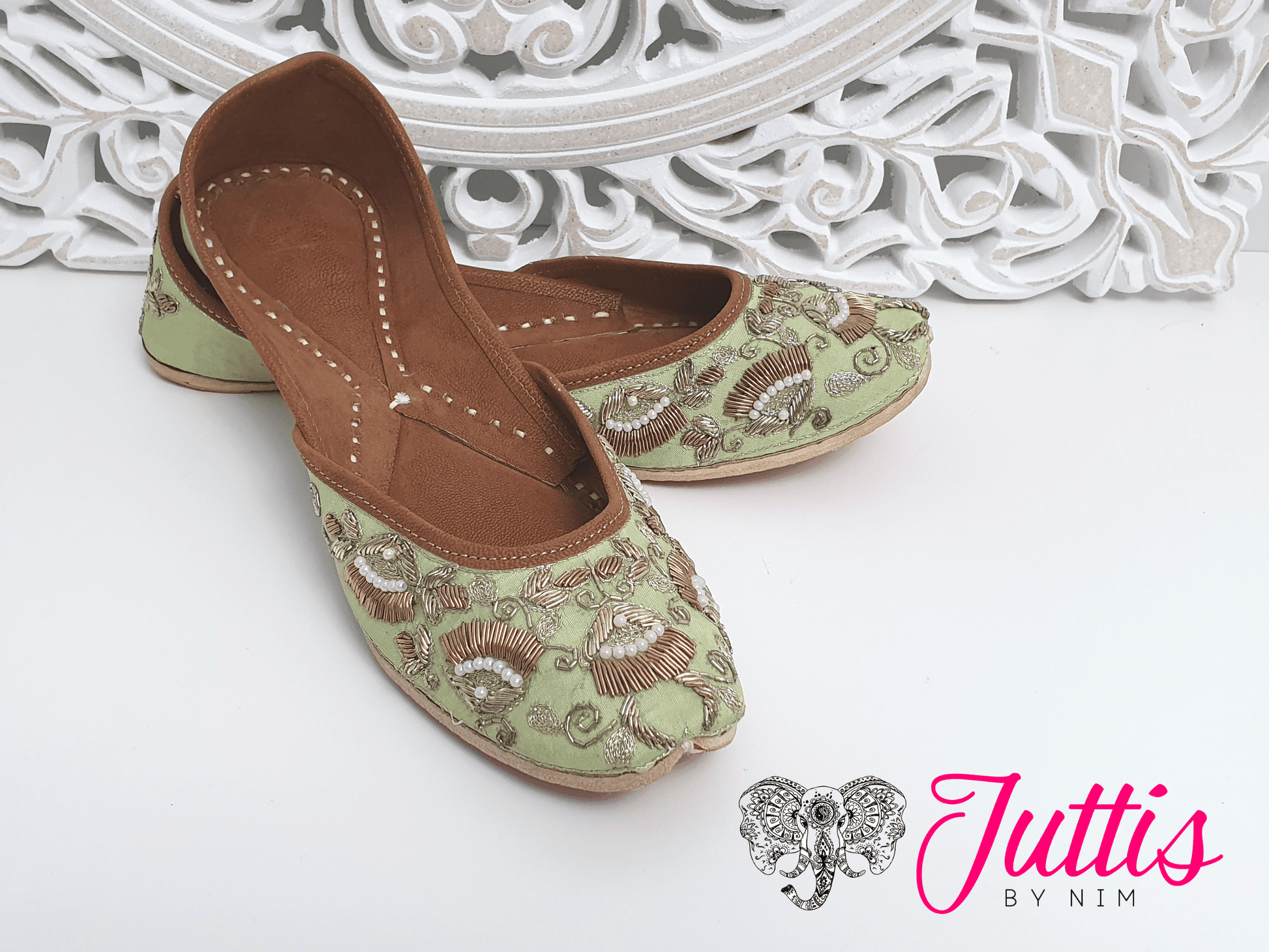 Nims Boutique Luxury Mint Embellished Leather Punjabi Juttis