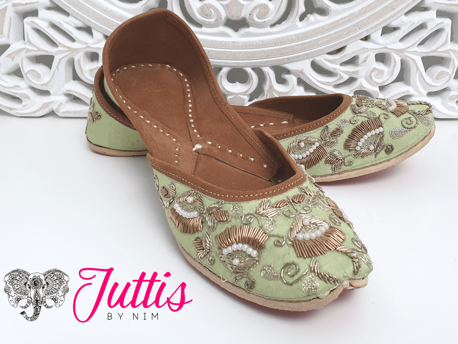 Nims Boutique Luxury Mint Embellished Leather Punjabi Juttis