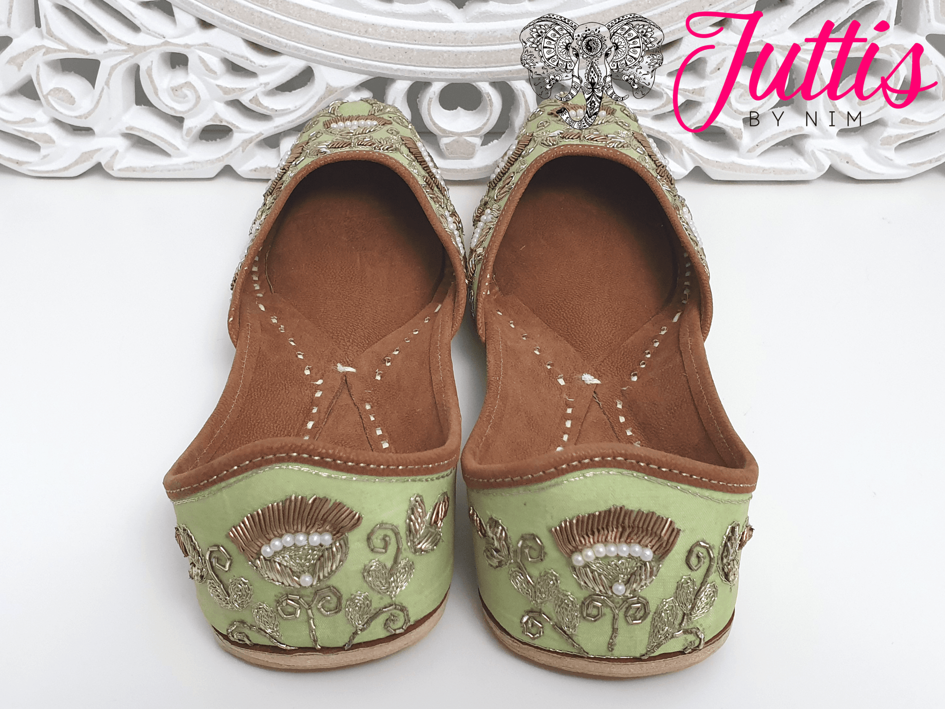 Nims Boutique Luxury Mint Embellished Leather Punjabi Juttis