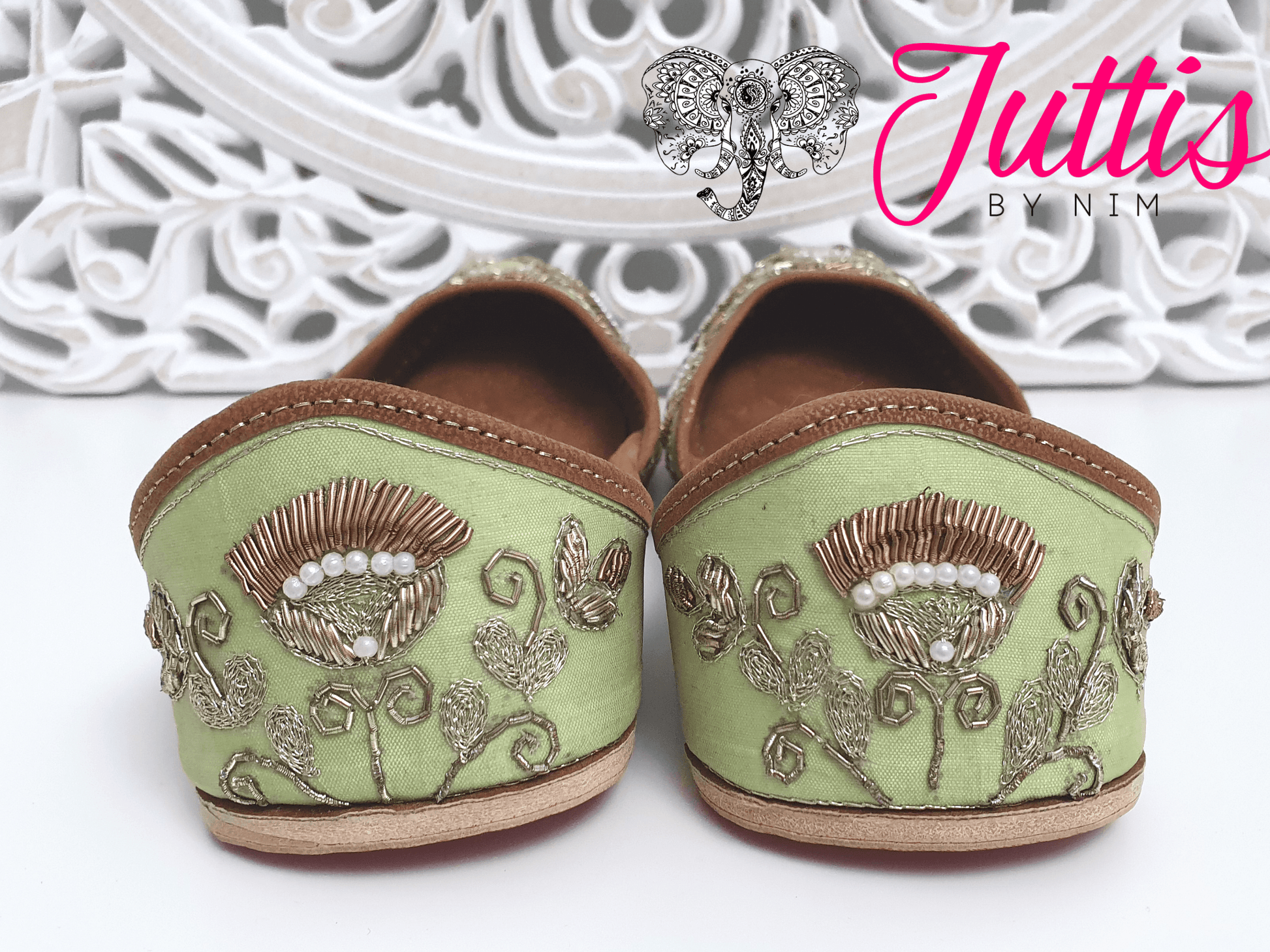Nims Boutique Luxury Mint Embellished Leather Punjabi Juttis