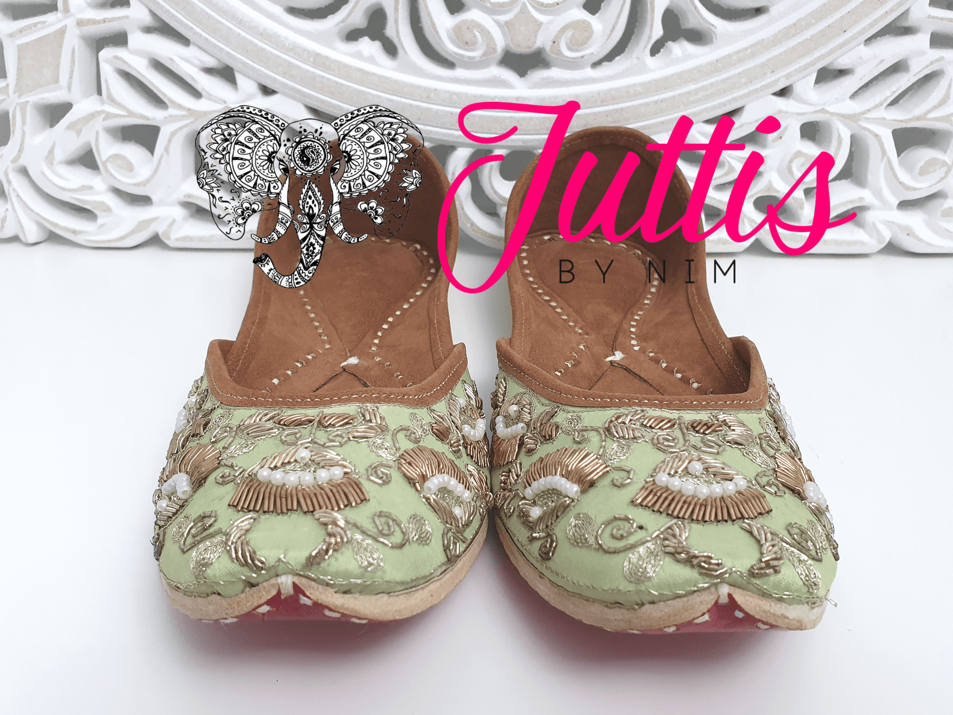 Nims Boutique Luxury Mint Embellished Leather Punjabi Juttis