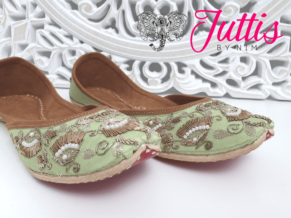 Nims Boutique Luxury Mint Embellished Leather Punjabi Juttis