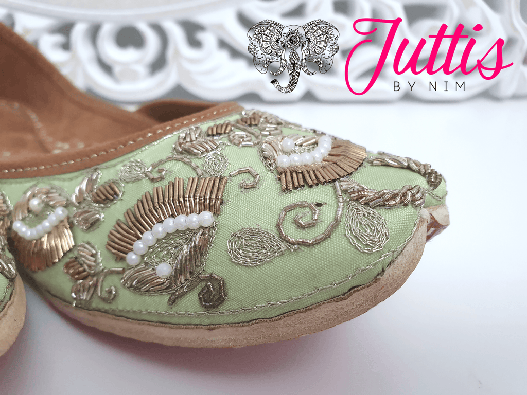 Nims Boutique Luxury Mint Embellished Leather Punjabi Juttis