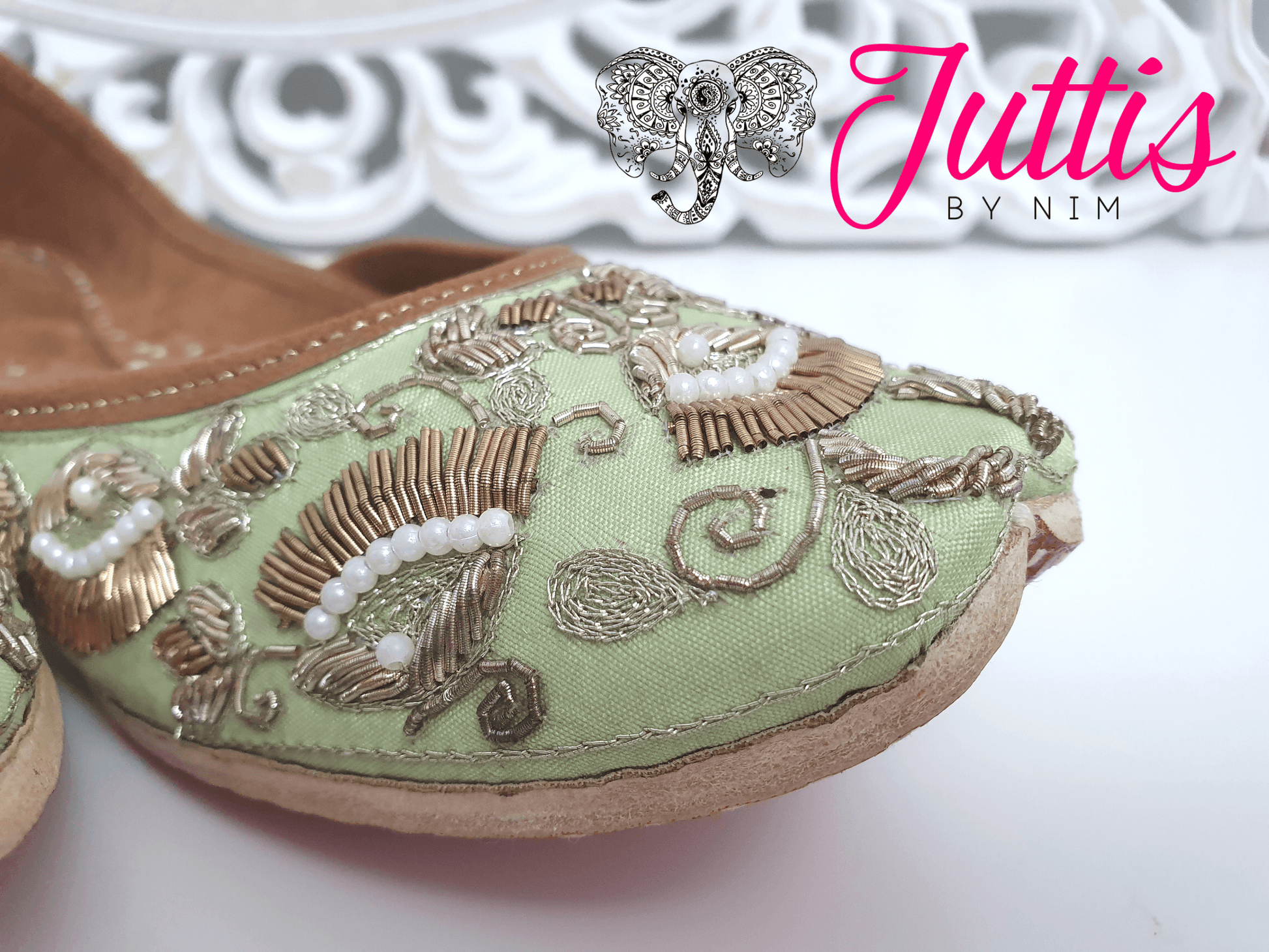 Nims Boutique Luxury Mint Embellished Leather Punjabi Juttis