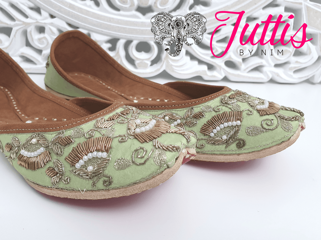 Nims Boutique Luxury Mint Embellished Leather Punjabi Juttis