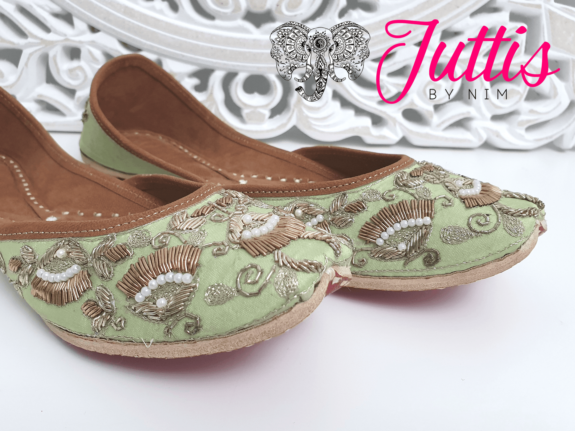Nims Boutique Luxury Mint Embellished Leather Punjabi Juttis