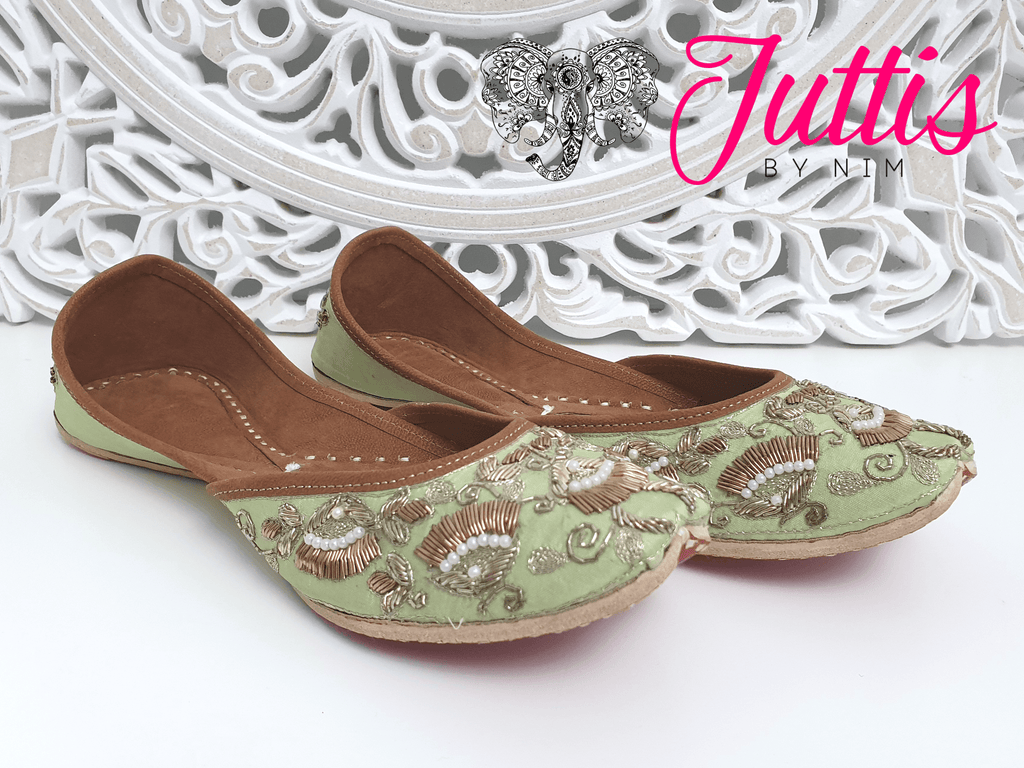 Nims Boutique Luxury Mint Embellished Leather Punjabi Juttis