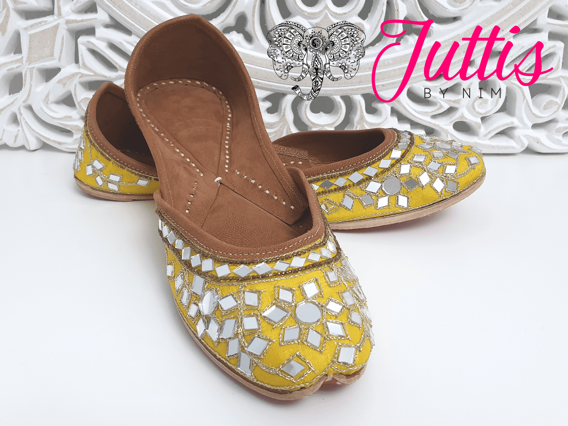 Nims Boutique Luxury Yellow Mirror Leather Punjabi Juttis