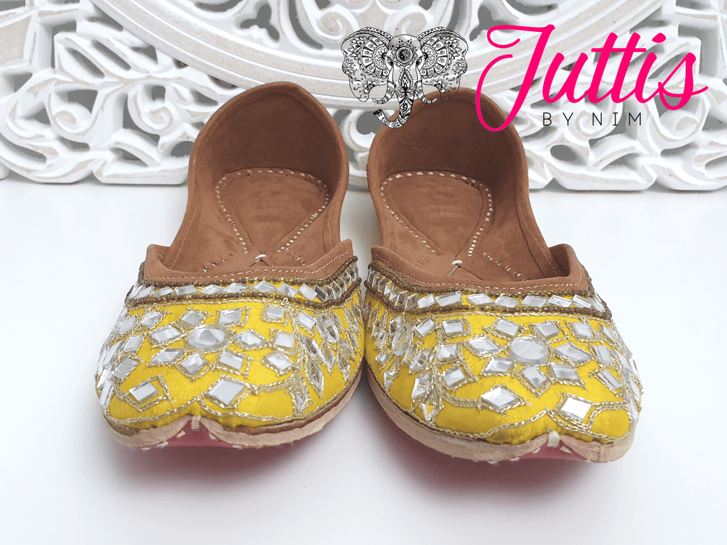 Nims Boutique Luxury Yellow Mirror Leather Punjabi Juttis
