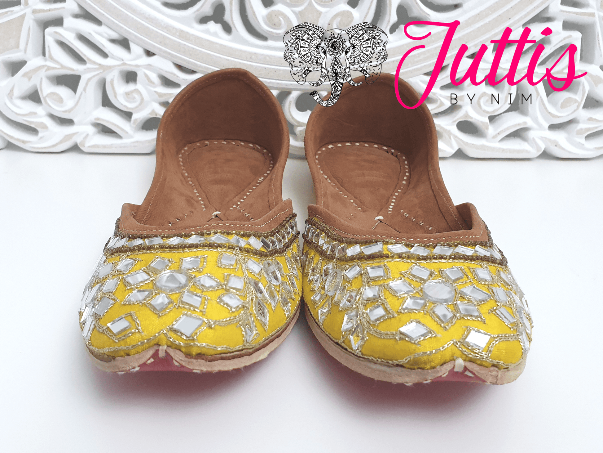 Nims Boutique Luxury Yellow Mirror Leather Punjabi Juttis