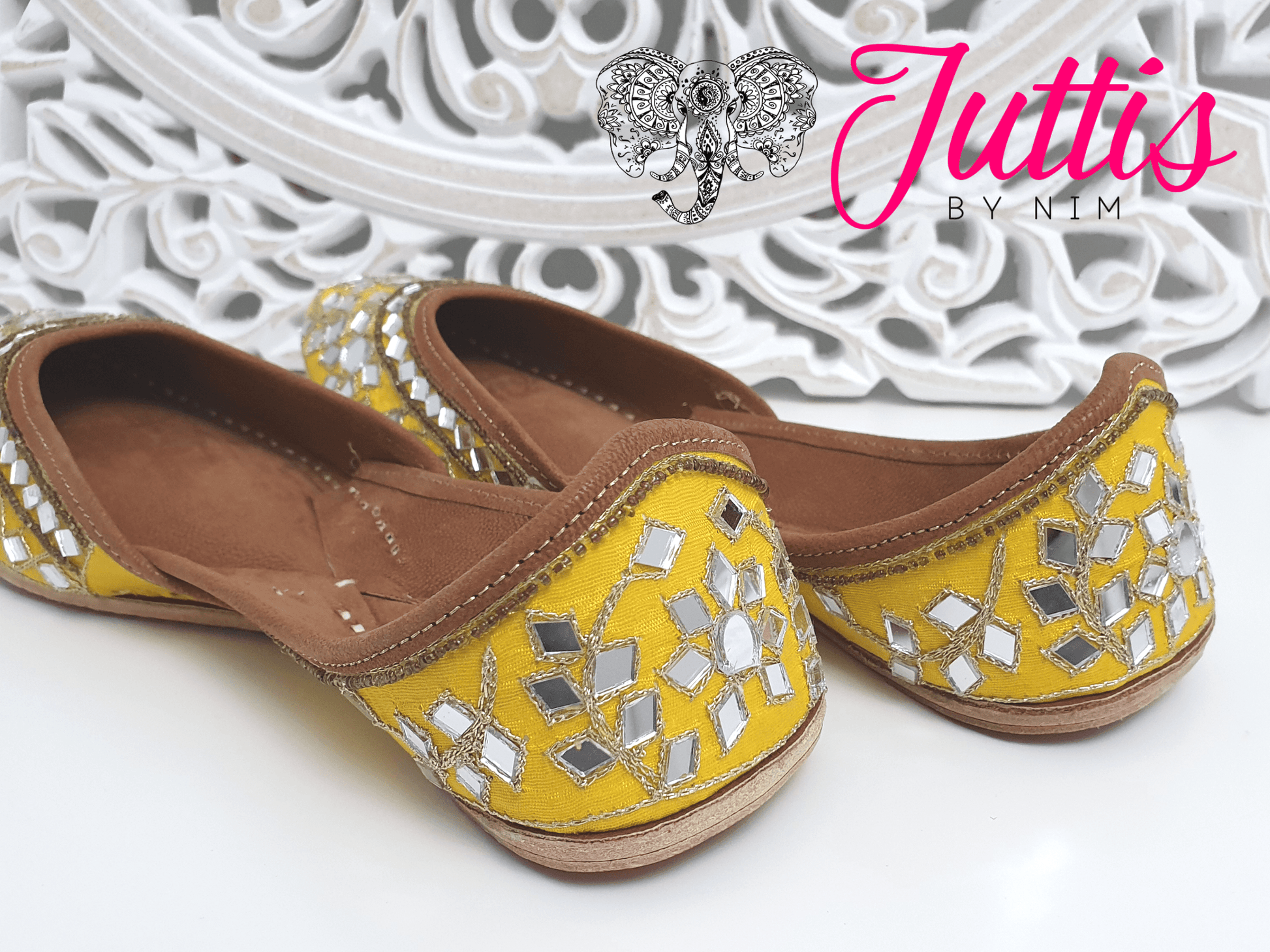 Nims Boutique Luxury Yellow Mirror Leather Punjabi Juttis