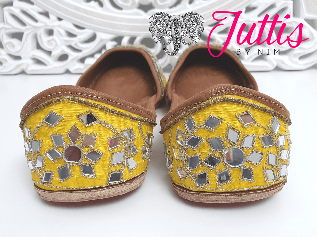 Nims Boutique Luxury Yellow Mirror Leather Punjabi Juttis