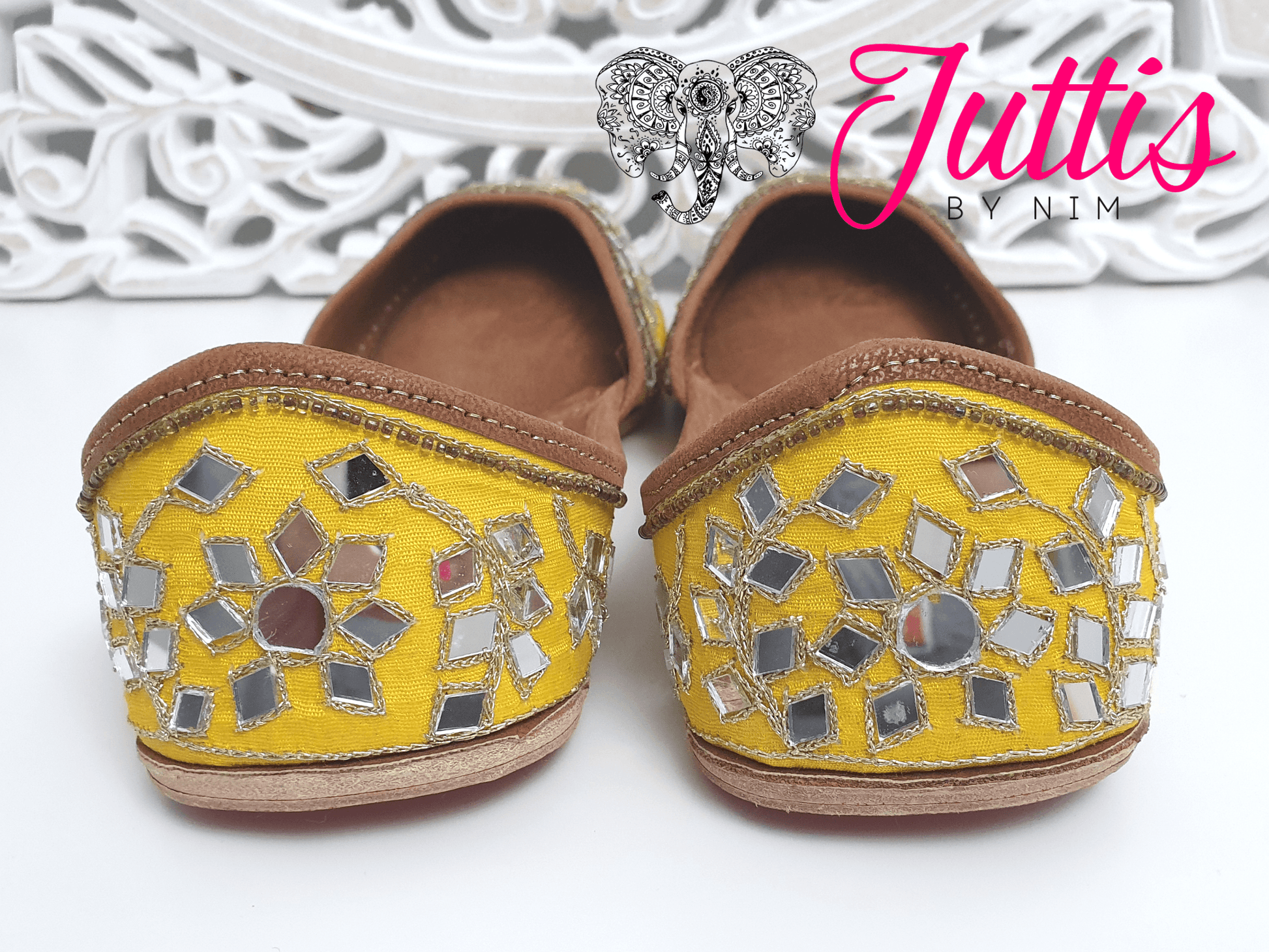 Nims Boutique Luxury Yellow Mirror Leather Punjabi Juttis