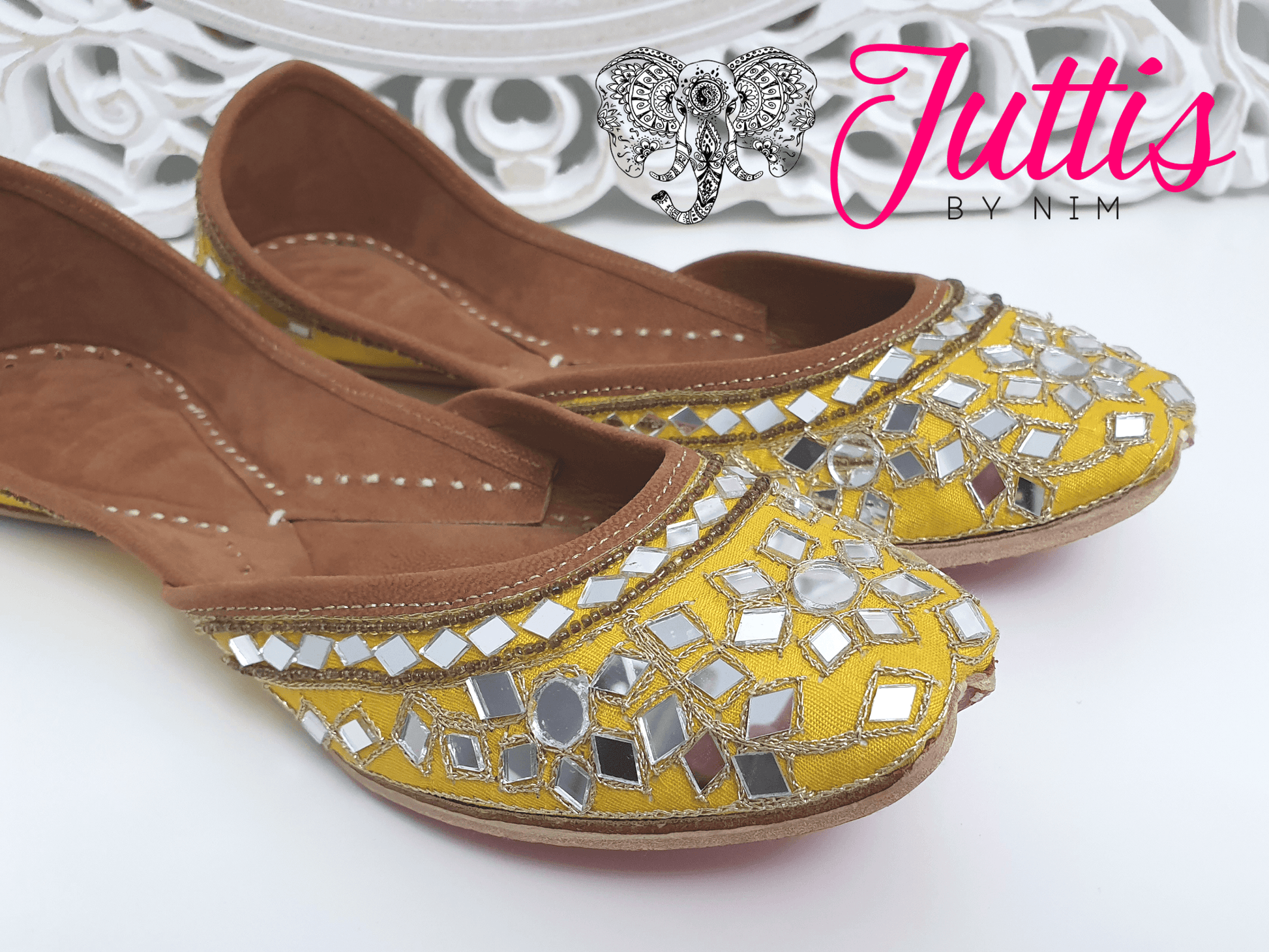Nims Boutique Luxury Yellow Mirror Leather Punjabi Juttis