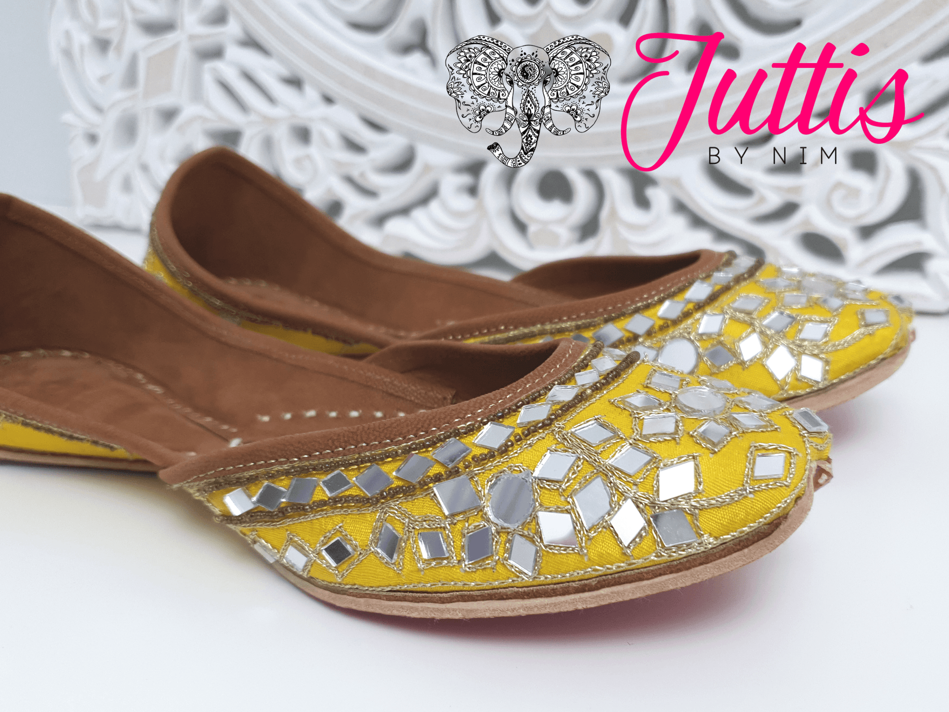 Nims Boutique Luxury Yellow Mirror Leather Punjabi Juttis