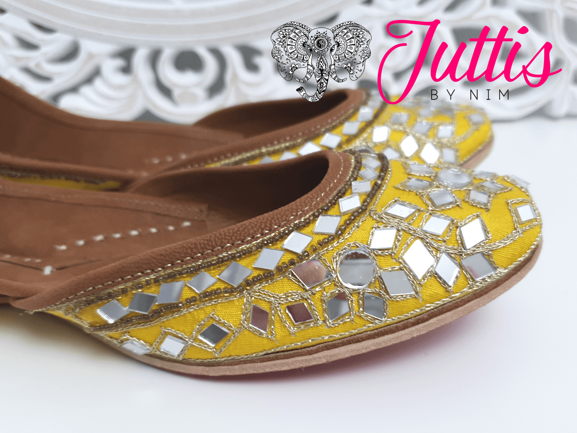 Nims Boutique Luxury Yellow Mirror Leather Punjabi Juttis