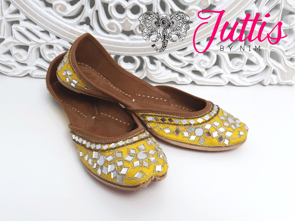 Nims Boutique Luxury Yellow Mirror Leather Punjabi Juttis