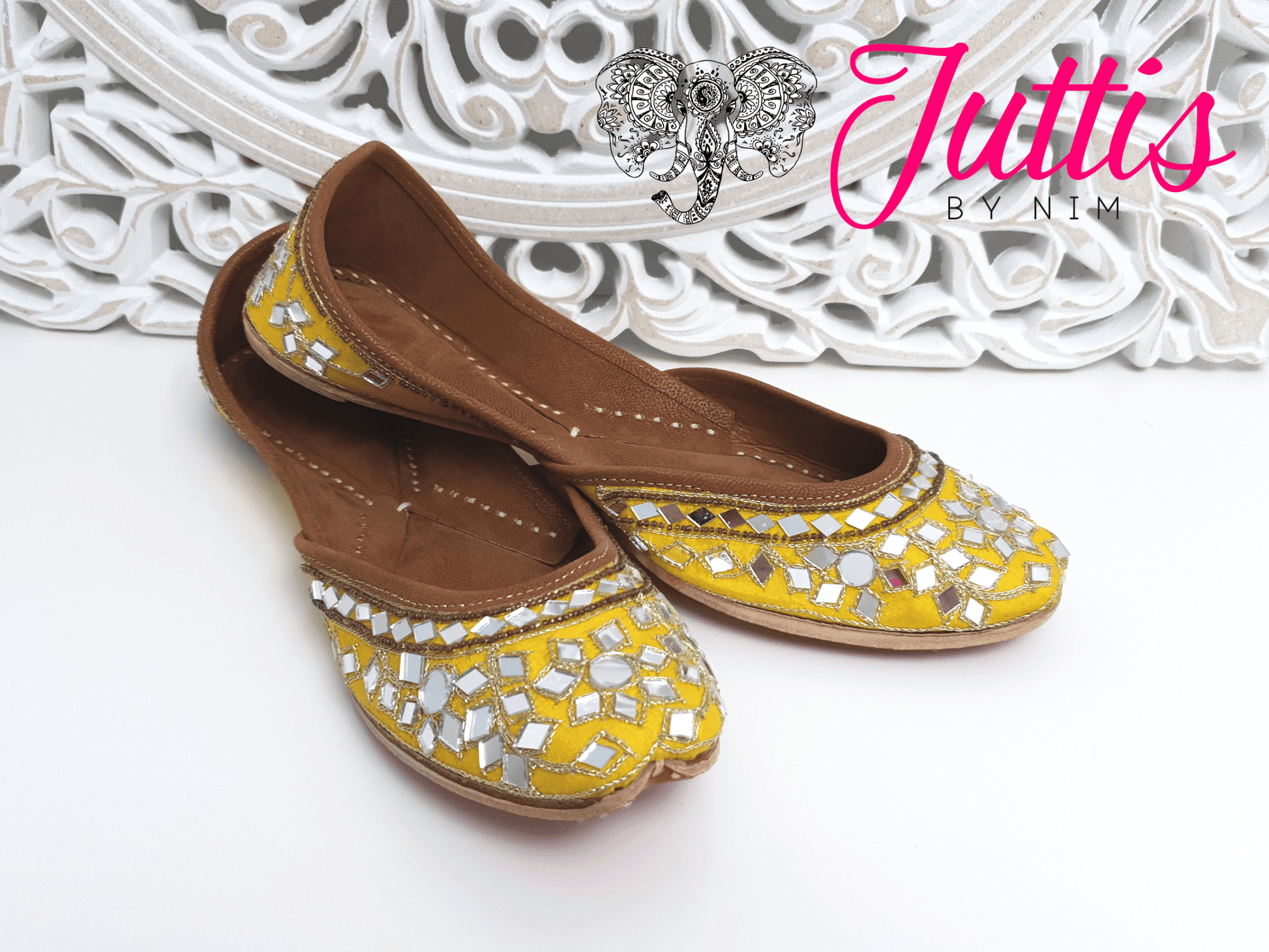 Nims Boutique Luxury Yellow Mirror Leather Punjabi Juttis
