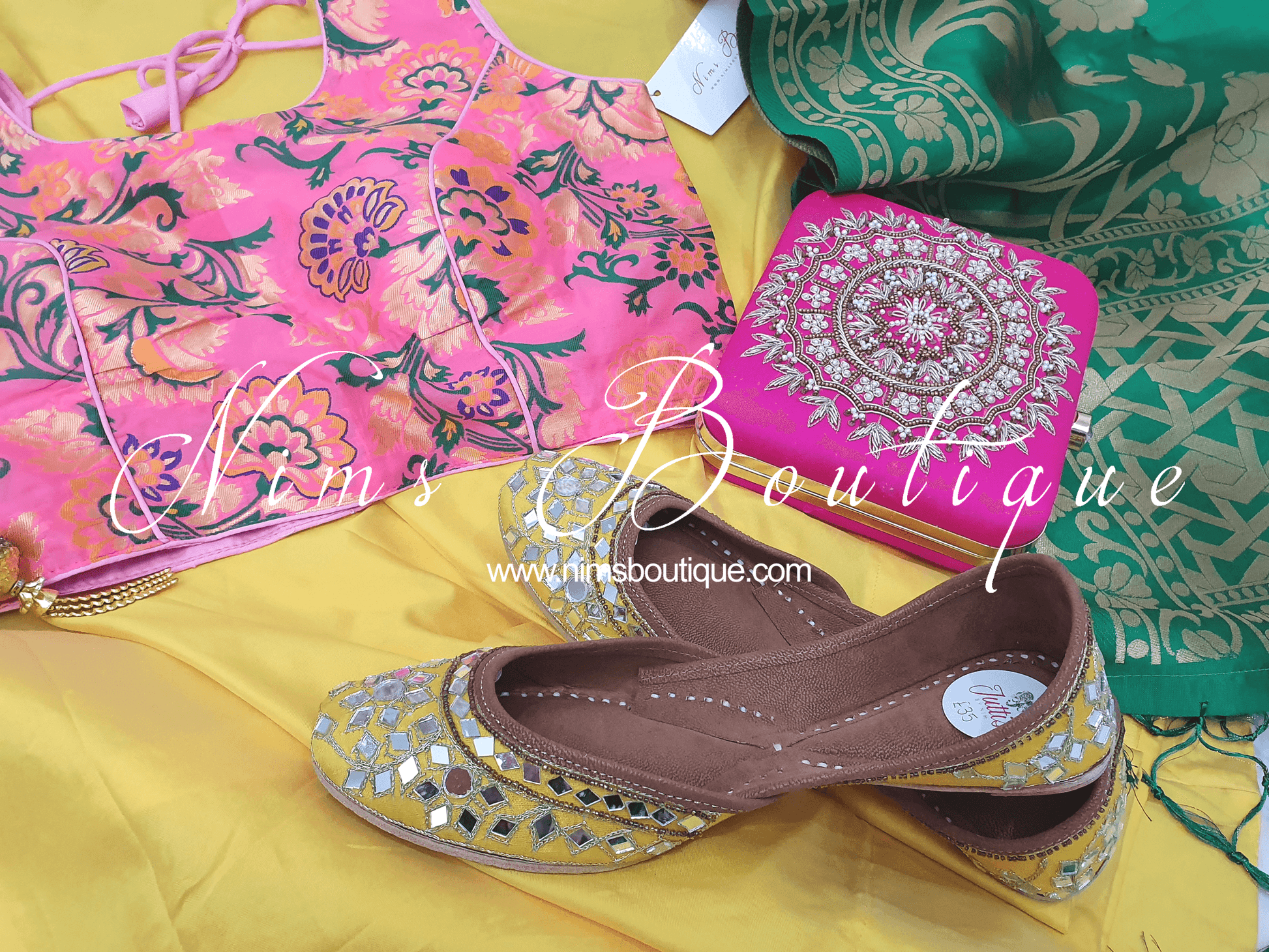 Nims Boutique Luxury Yellow Mirror Leather Punjabi Juttis