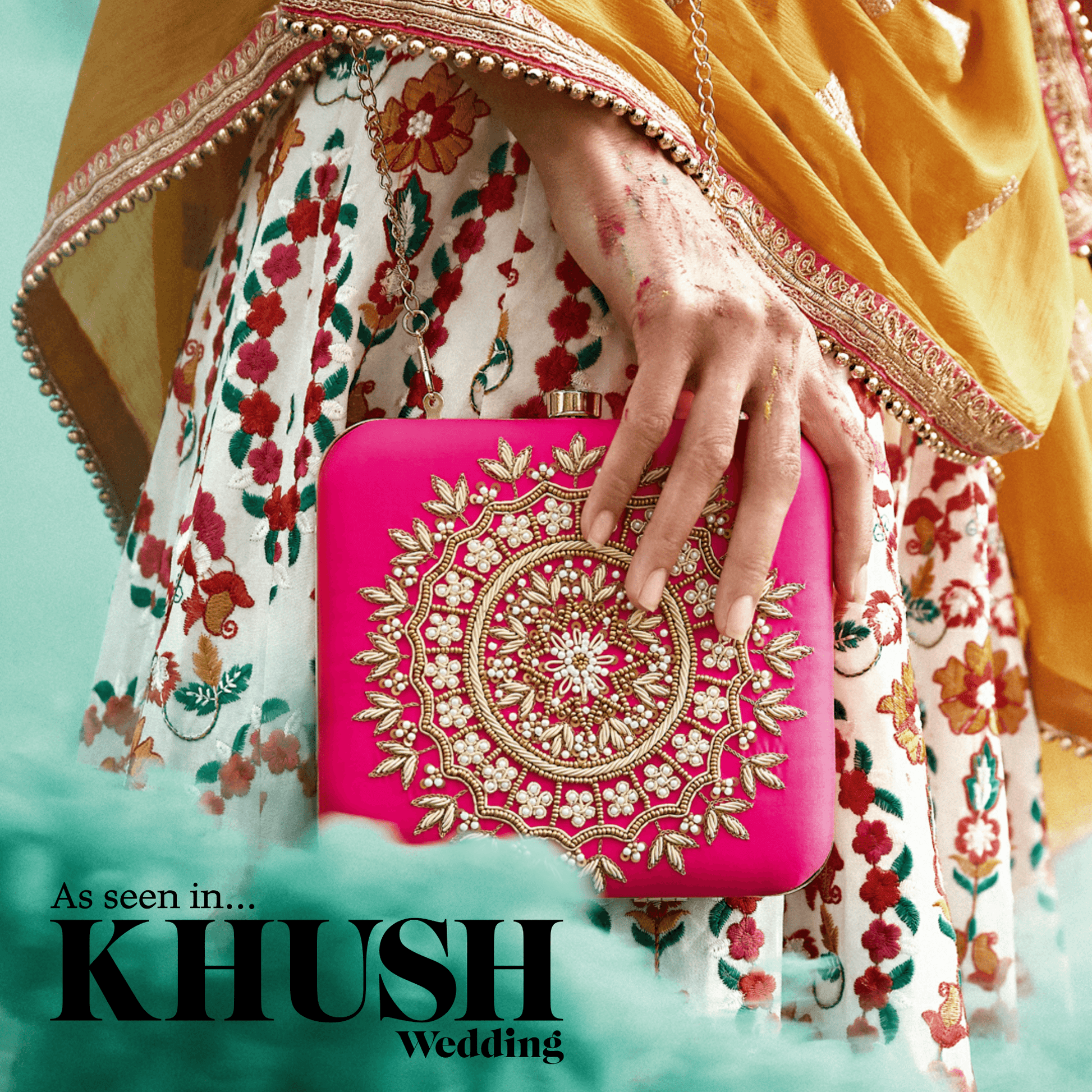 Nims Boutique Large Pink Raw Silk Pearl Embellished Clutch Bag