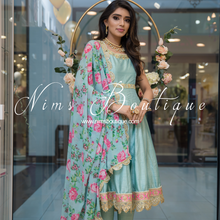 Sky Blue Silk Anarkali Suit with Floral Chunni (4-14)