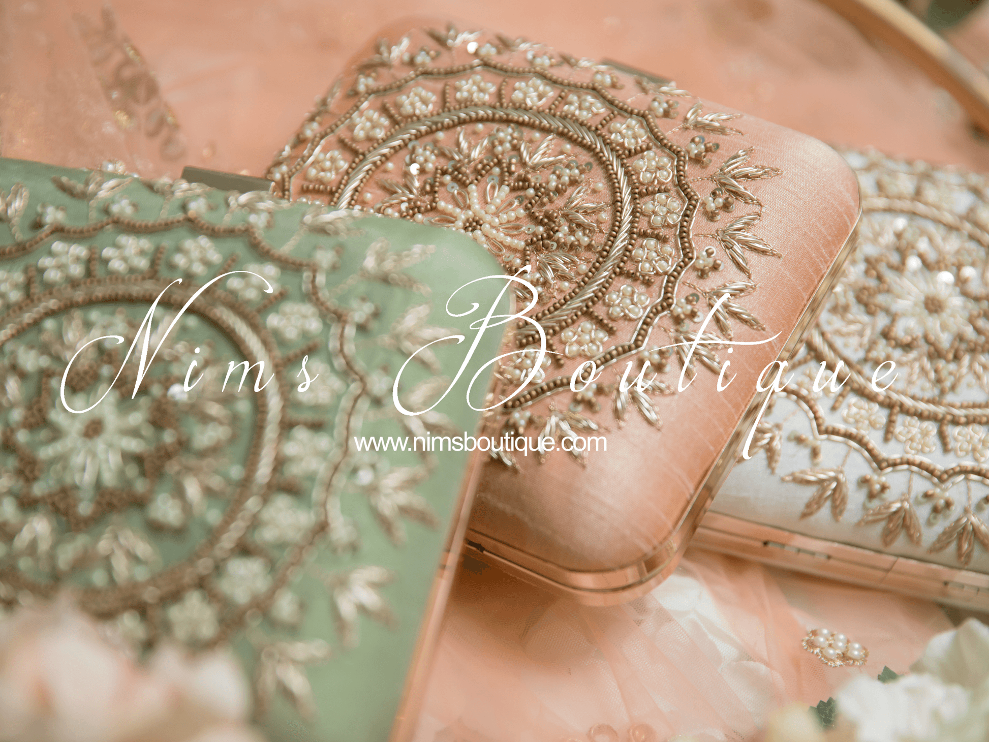Nims Boutique Large Pistachio Raw Silk Pearl Embellished Clutch Bag