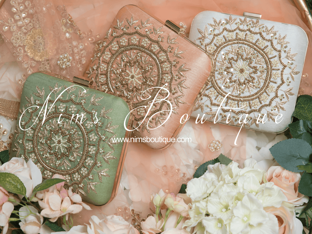 Nims Boutique Large White Raw Silk Pearl Embellished Clutch Bag