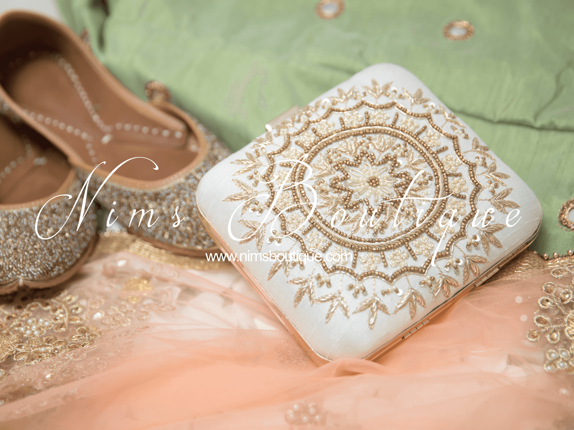 Nims Boutique Large White Raw Silk Pearl Embellished Clutch Bag