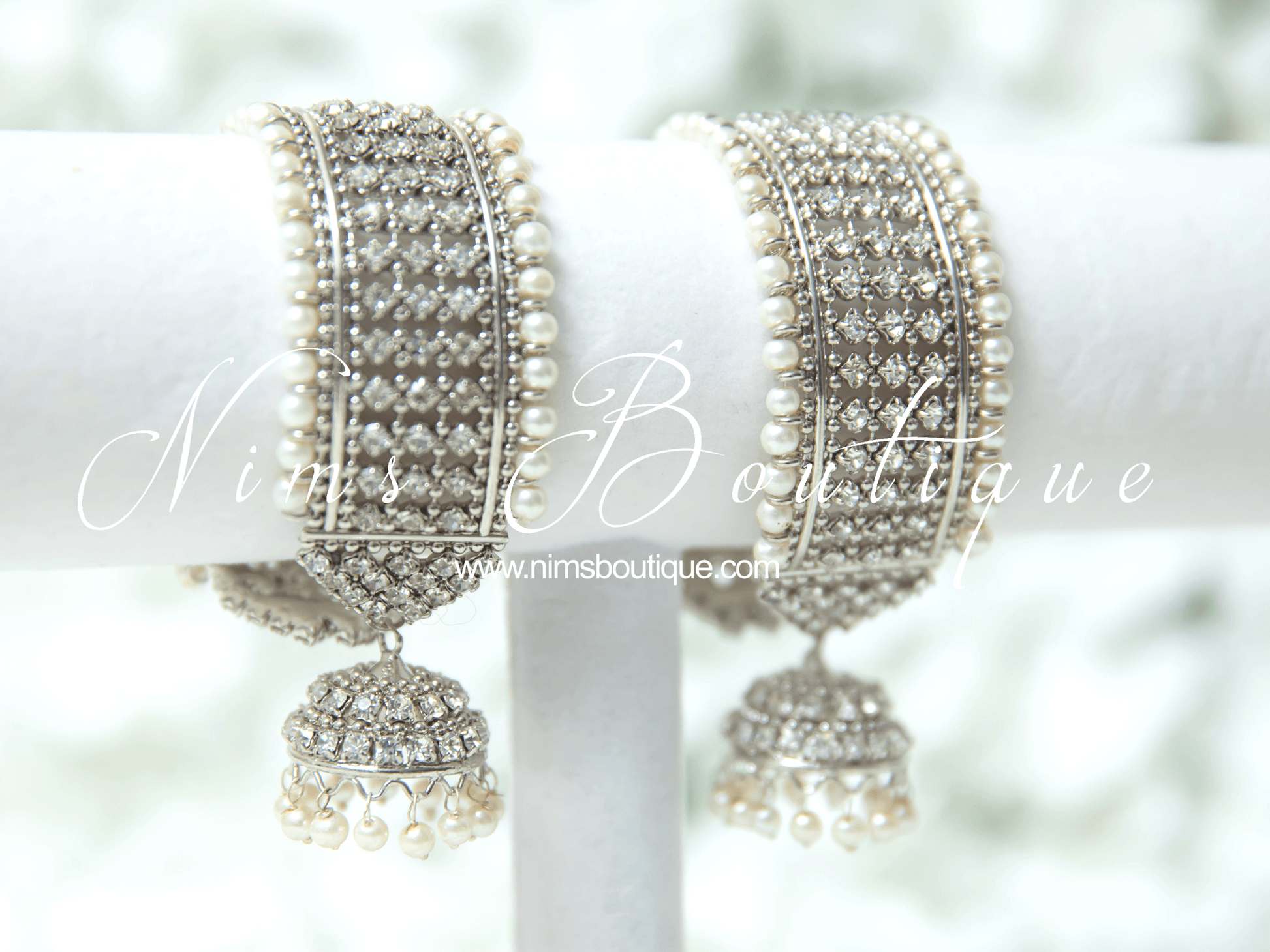 Nims Boutique Royal Silver & Pearl Bracelet with hanging chumka