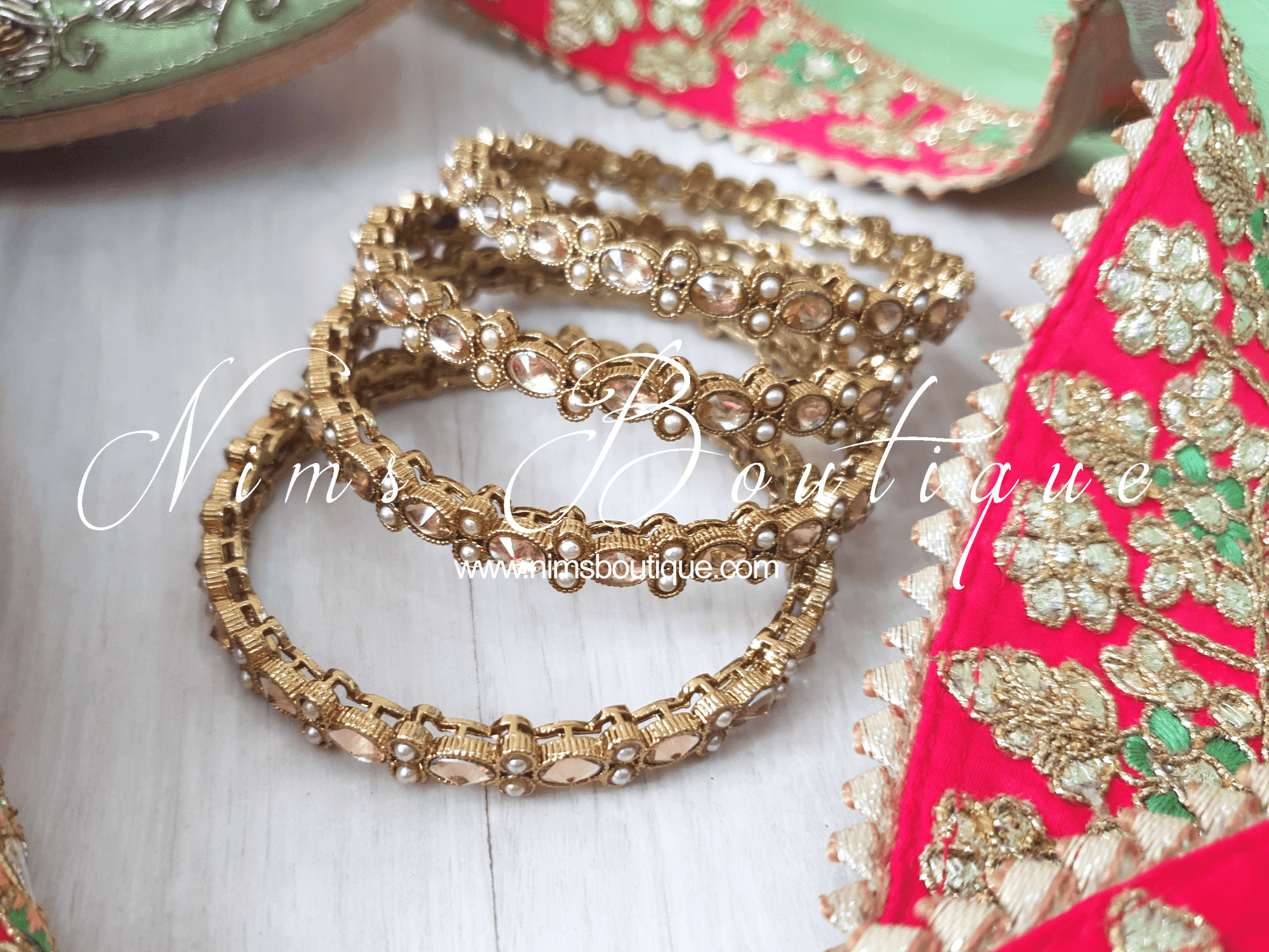 Nims Boutique Antique Gold & Champagne stone Pair of Bangles various sizes