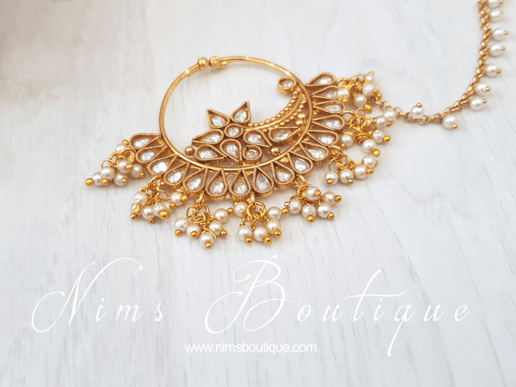 Nims Boutique Large Statement Gold & Pearl Chain Nose Ring