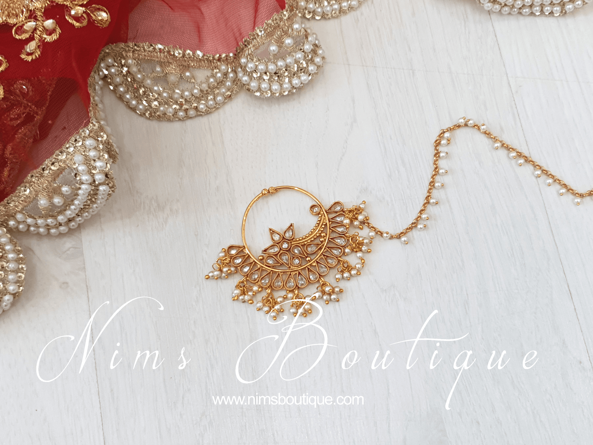 Nims Boutique Large Statement Gold & Pearl Chain Nose Ring