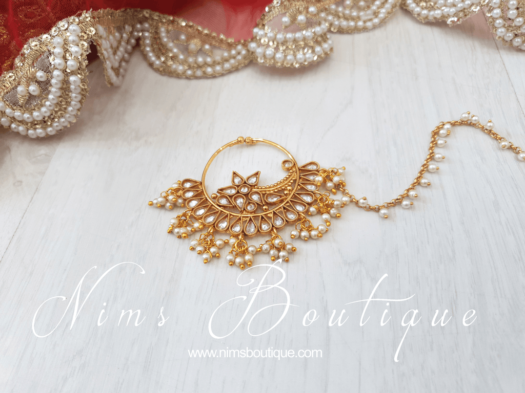 Nims Boutique Large Statement Gold & Pearl Chain Nose Ring