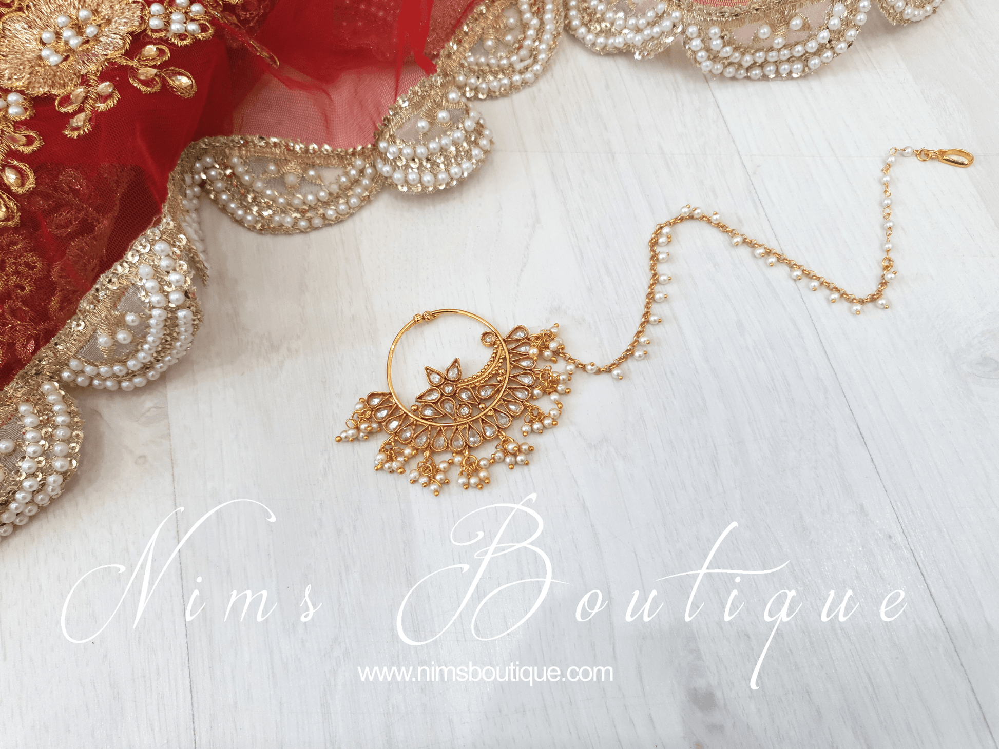 Nims Boutique Large Statement Gold & Pearl Chain Nose Ring